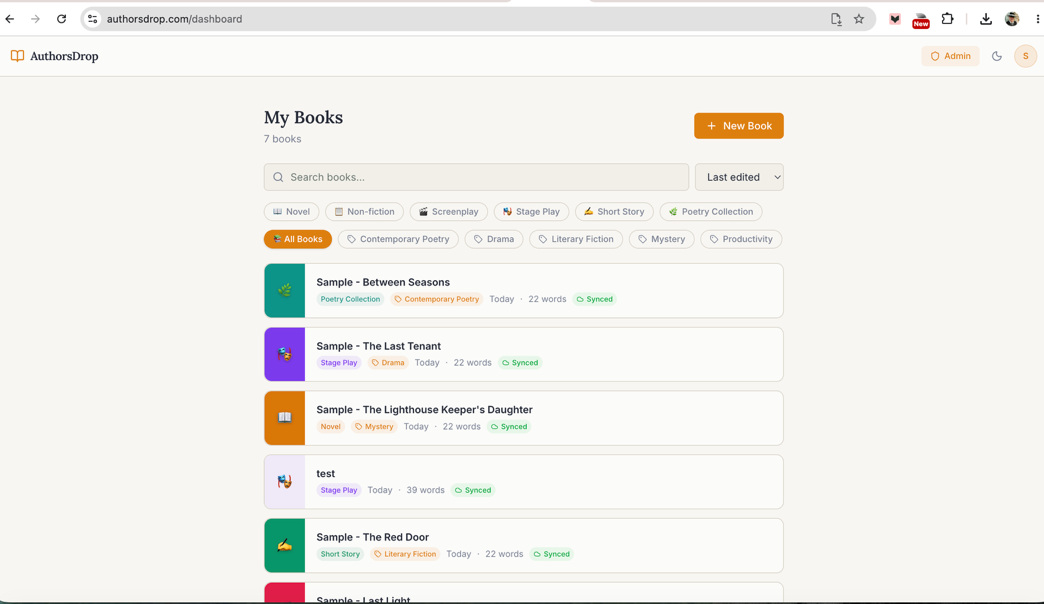 AuthorsDrop project library showing books created and managed by their writers
